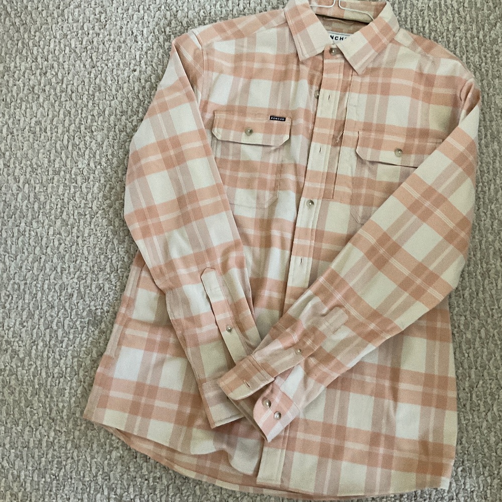 Poncho Men's Peach/Light Orange Plaid Casual Button Down Shirt